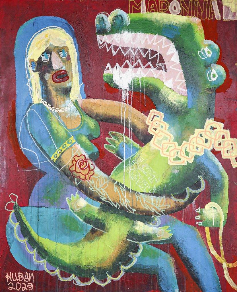 Malerei von Sebastian Kuban mit dem Titel Madonna, 2023, Acryl auf MDF-Platte, 90 x 110 cm