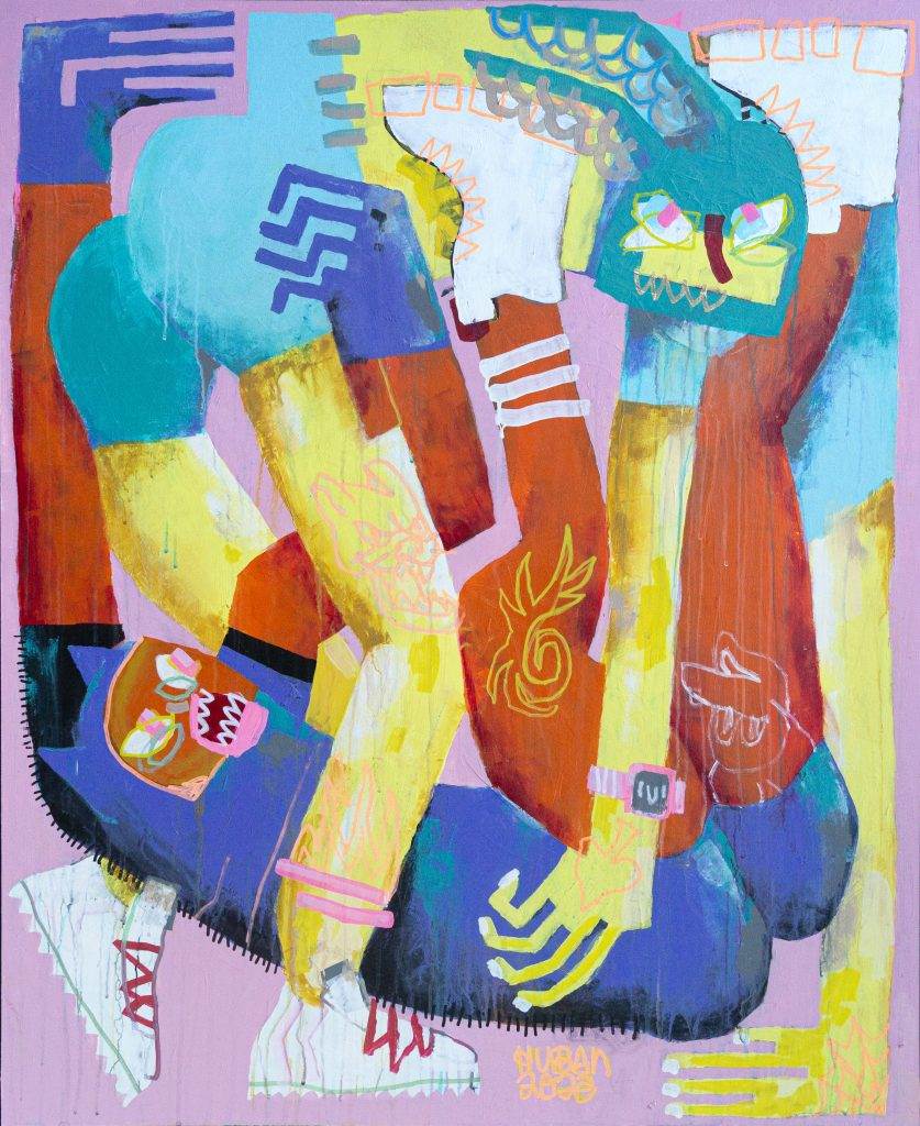Malerei von Sebastian Kuban mit dem Titel dangerous_frustration, 2023, Acryl auf MDF-Platte, 90 x 110 cm
