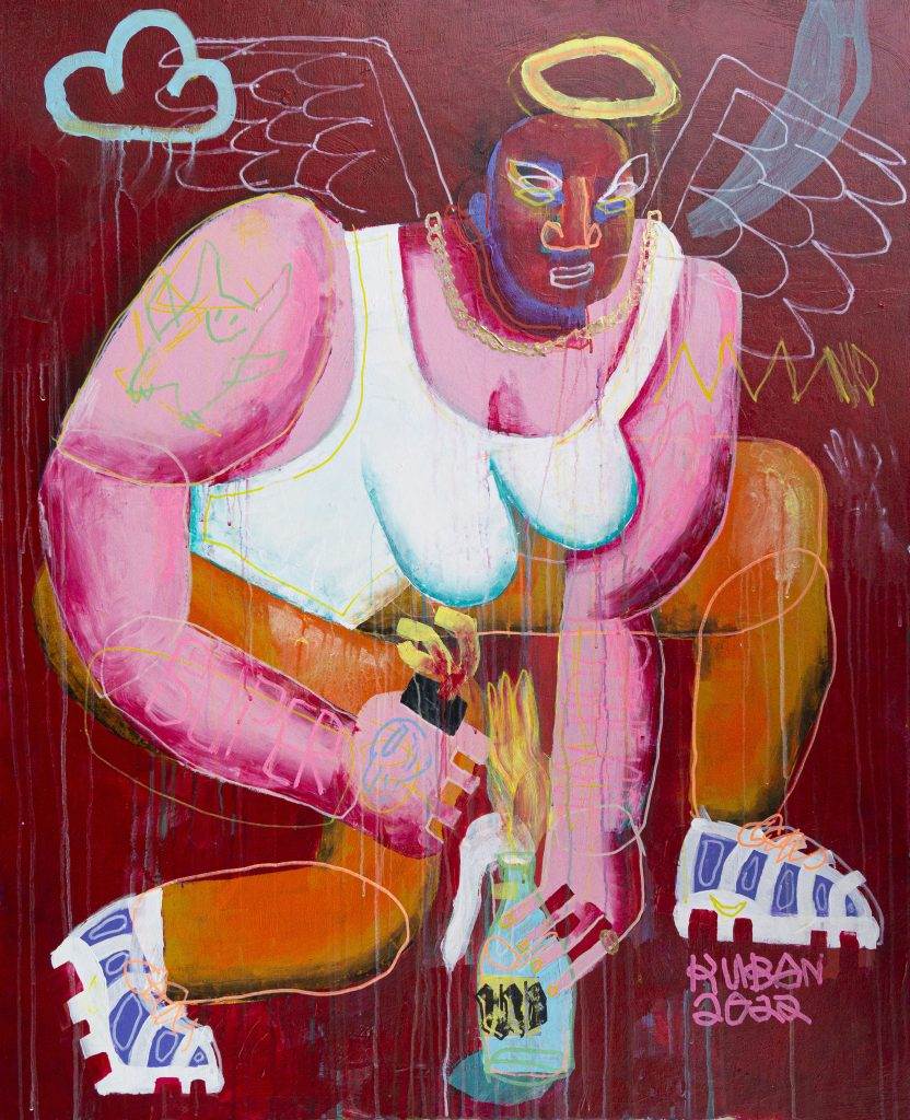 Malerei von Sebastian Kuban mit dem Titel Defund, 2022, Acryl auf MDF-Platte, 90 x 110 cm