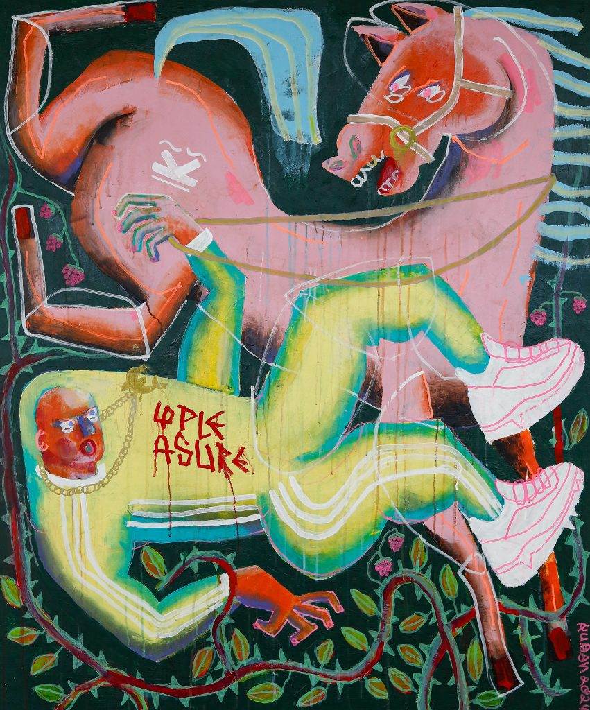 Malerei von Sebastian Kuban mit dem Titel 4pleasure, acryl on MDF panel, 100 x 120 cm, 2024