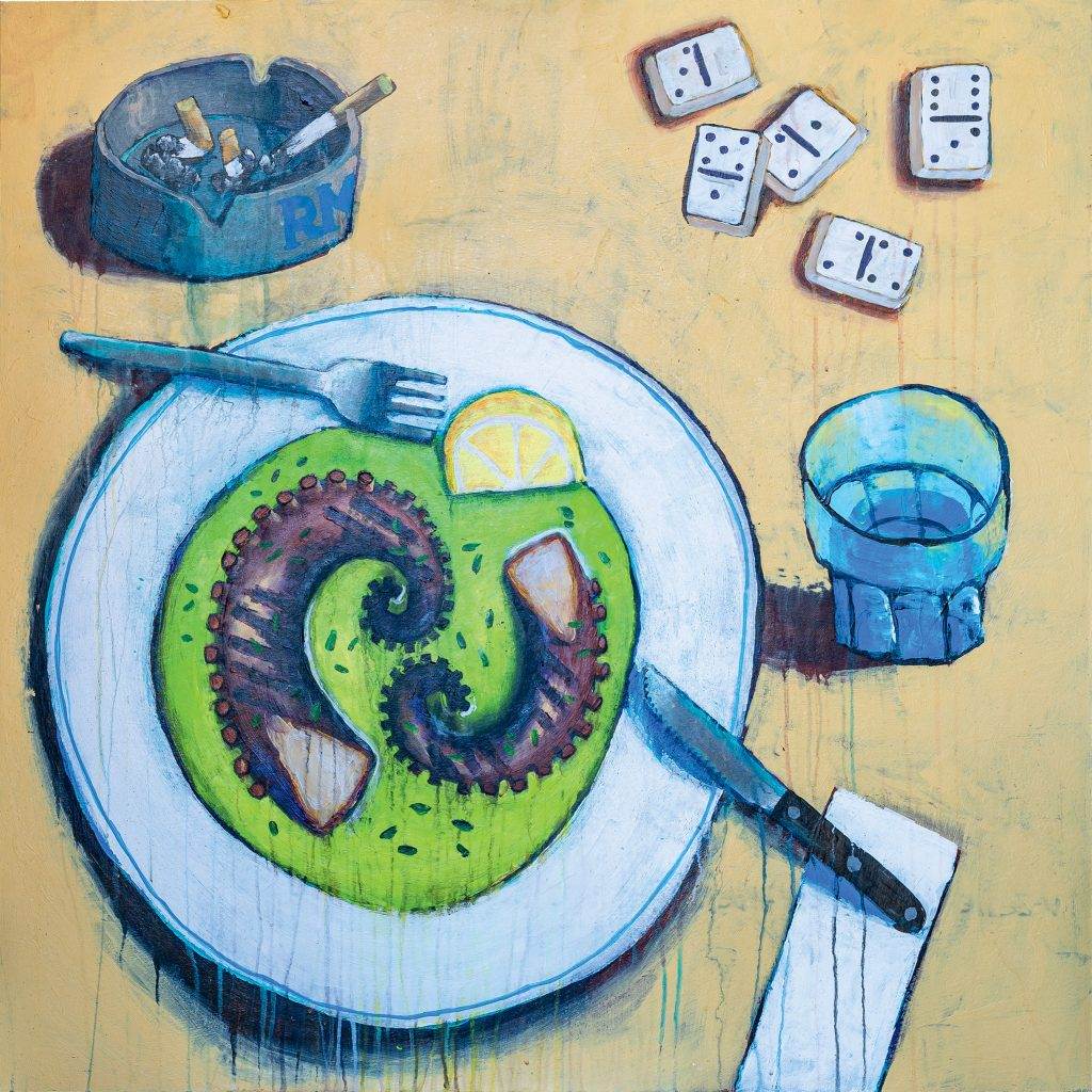 Malerei von Sebastian Kuban mit dem Titel overseas, acryl on MDF panel, 90 x 90 cm, 2024