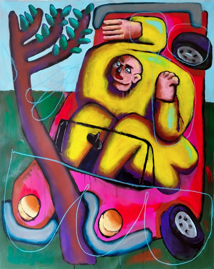 Malerei von Sebastian Kuban mit dem Titel „Unfall“, Acryl And Oil Pastel On Canvas, 120 cm x 95 cm, 2025