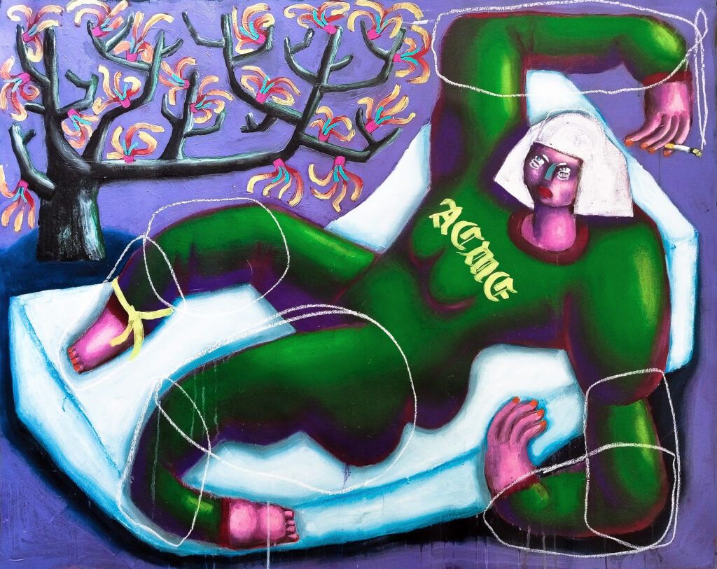 Malerei von Sebastian Kuban mit dem Titel „Zaubernuss“, Acryl And Oil Pastel On Canvas, 95 cm x 120 cm, 2025