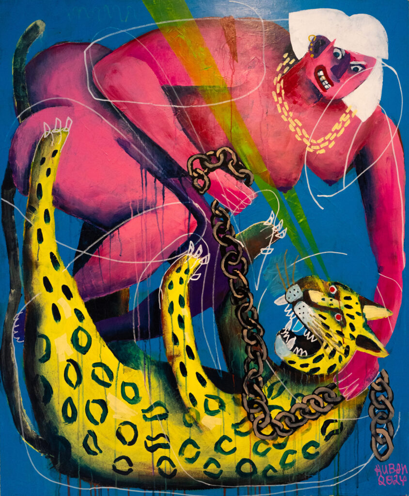 Malerei von Sebastian Kuban mit dem Titel Frau mit Leopard, acryl on MDF panel, 100 x 120 cm, 2024