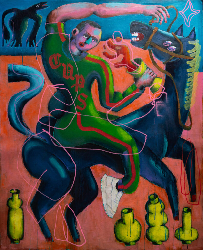 Malerei von Sebastian Kuban mit dem Titel „Cups“, Acryl On MDF Panel, 118 x 97 cm, 2025