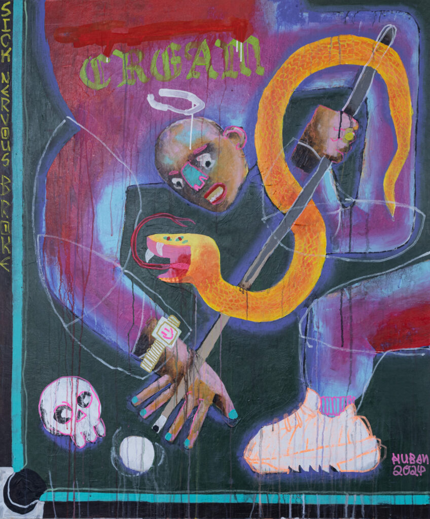 Malerei von Sebastian Kuban mit dem Titel Broke, acryl on MDF panel, 100 x 120 cm, 2024