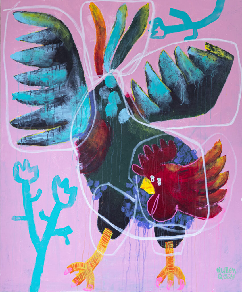 Malerei von Sebastian Kuban mit dem Titel Merakli, acryl on MDF panel, 100 x 120 cm, 2024